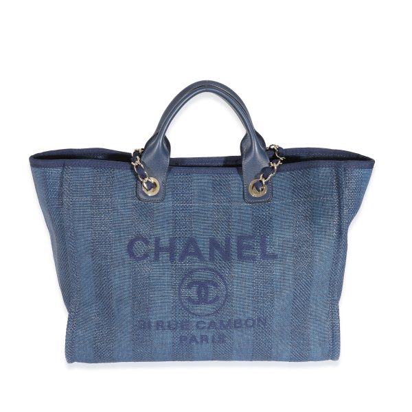 131630 fv Chanel Striped Navy Mixed Fibres Large Deauville Tote