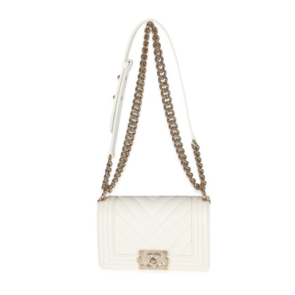 131637 bv Chanel 23C White Caviar Chevron Small Boy Bag