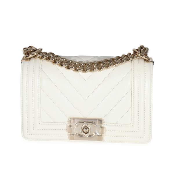 131637 fv Chanel 23C White Caviar Chevron Small Boy Bag