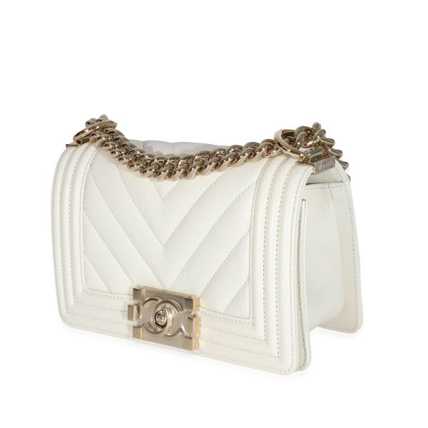 131637 sv Chanel 23C White Caviar Chevron Small Boy Bag