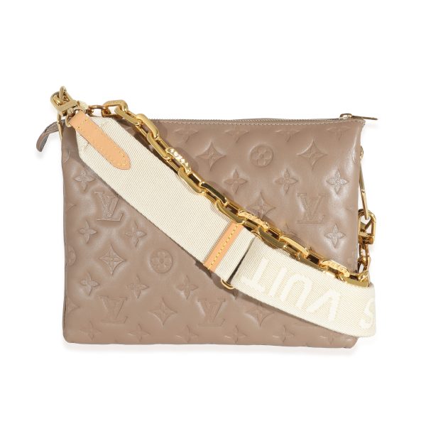 132060 pv Louis Vuitton Taupe Monogram Embossed Puffy Lambskin Coussin PM