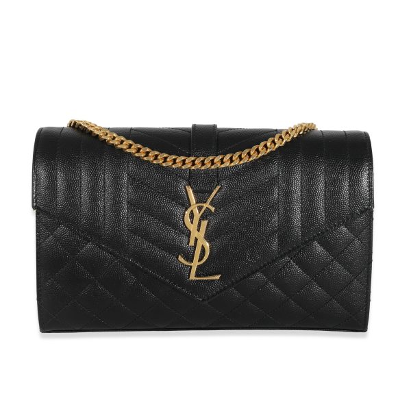 132102 fv 3b1ce5f2 cd76 4938 85b0 aa5e5e0412e7 Saint Laurent Black Grain de Poudre Mix Matelassé Envelope Chain Wallet