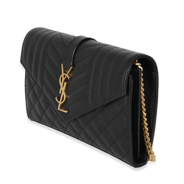 132102 sv 45391840 60f4 4b58 9662 0751fb838552 Saint Laurent Black Grain de Poudre Mix Matelassé Envelope Chain Wallet