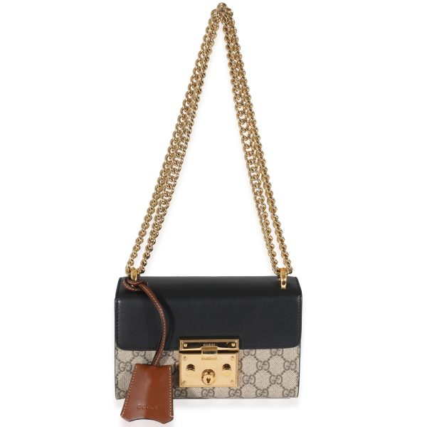 132165 bv e2607b58 fd62 4407 a89b 2eb5a65d8b25 Gucci Beige GG Supreme Black Leather Small Padlock Chain Bag