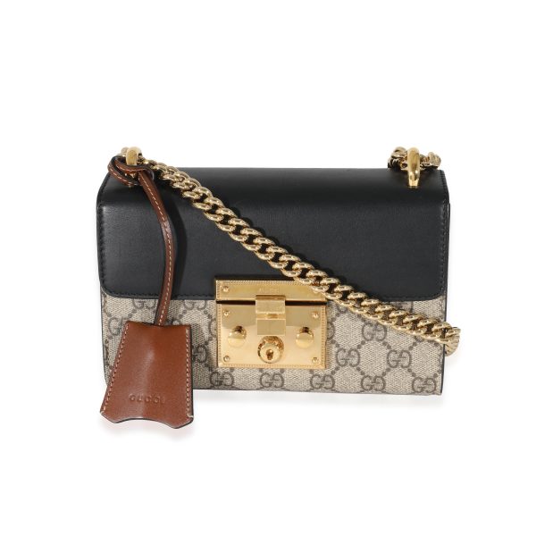 132165 fv 62c7bbd9 4279 4b6b 9817 4d03eed23d42 Gucci Beige GG Supreme Black Leather Small Padlock Chain Bag