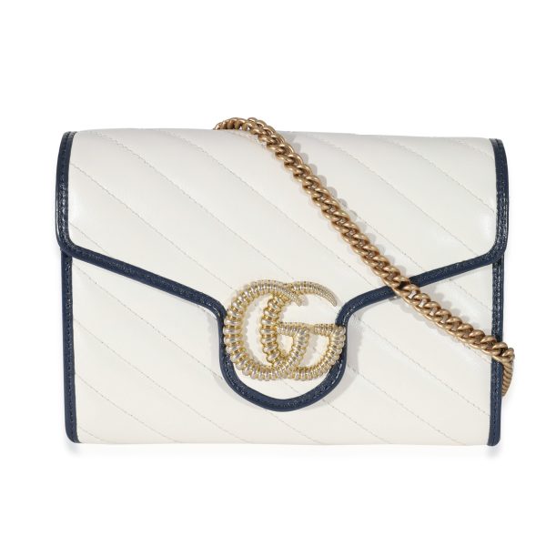 132215 fv Gucci Blue Agata Mystic White Calfskin Torchon Diagonal GG Marmont Chain Wallet