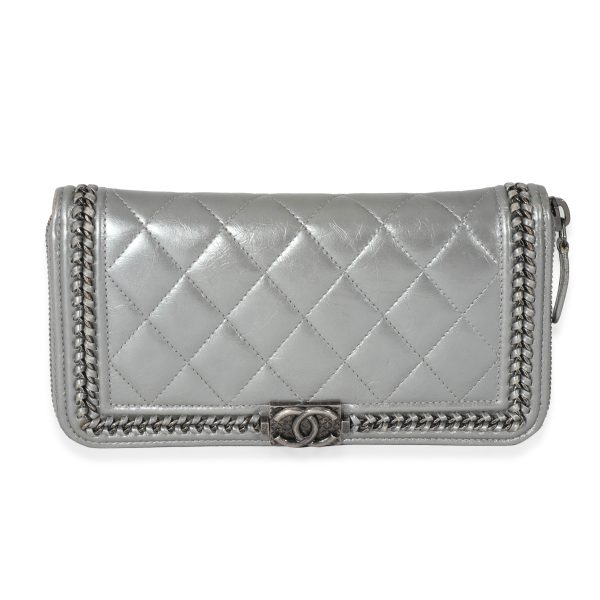 132225 fv Chanel Metallic Silver Calfskin Zip Around Chain Boy Wallet