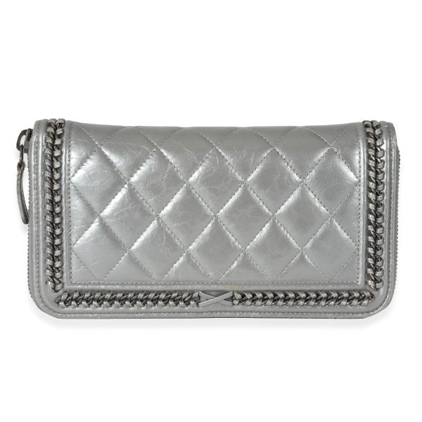 132225 pv Chanel Metallic Silver Calfskin Zip Around Chain Boy Wallet