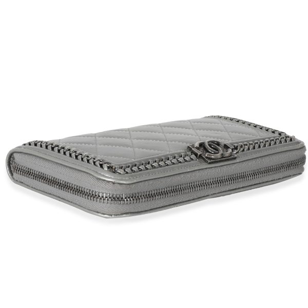 132225 stamp Chanel Metallic Silver Calfskin Zip Around Chain Boy Wallet