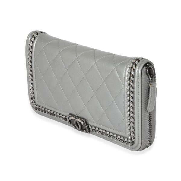 132225 sv Chanel Metallic Silver Calfskin Zip Around Chain Boy Wallet