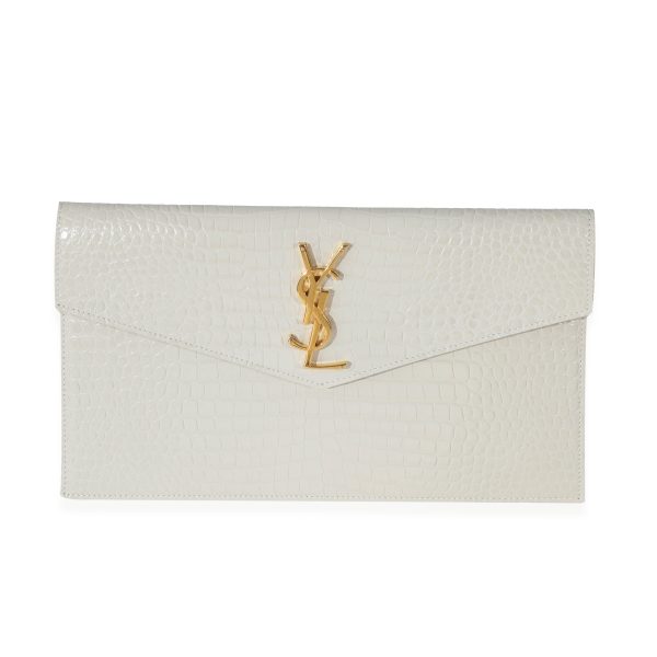 132257 fv Saint Laurent Blanc Vintage Shiny Crocodile Embossed Uptown Pouch