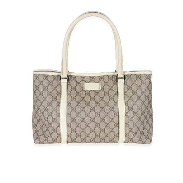 132331 fv Gucci Beige GG Supreme White Leather Joy Tote