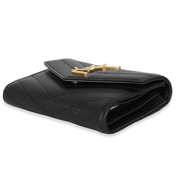 132337 box Saint Laurent Black Grain De Poudre Matelassé Cassandre Compact Trifold Wallet