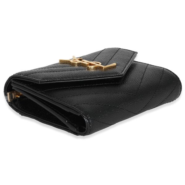 132337 clasp Saint Laurent Black Grain De Poudre Matelassé Cassandre Compact Trifold Wallet