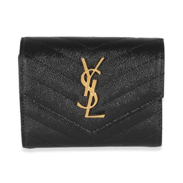 132337 fv Saint Laurent Black Grain De Poudre Matelassé Cassandre Compact Trifold Wallet