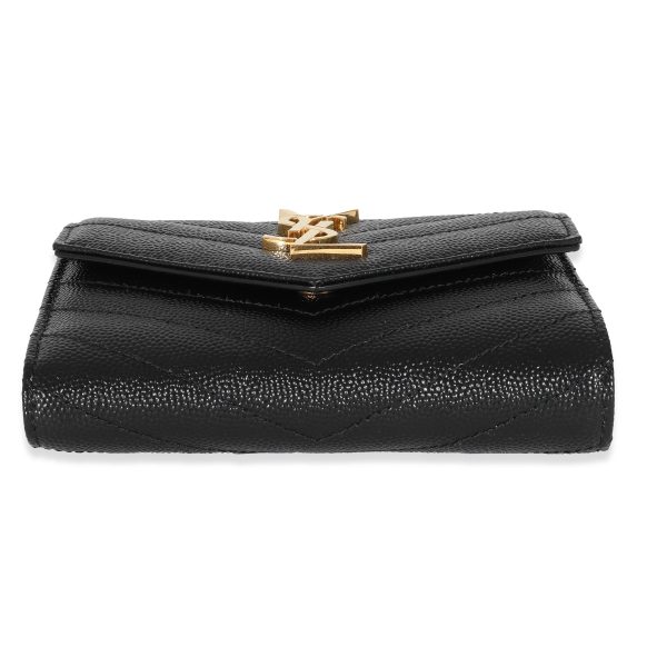 132337 stamp Saint Laurent Black Grain De Poudre Matelassé Cassandre Compact Trifold Wallet