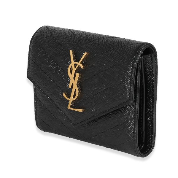 132337 sv Saint Laurent Black Grain De Poudre Matelassé Cassandre Compact Trifold Wallet