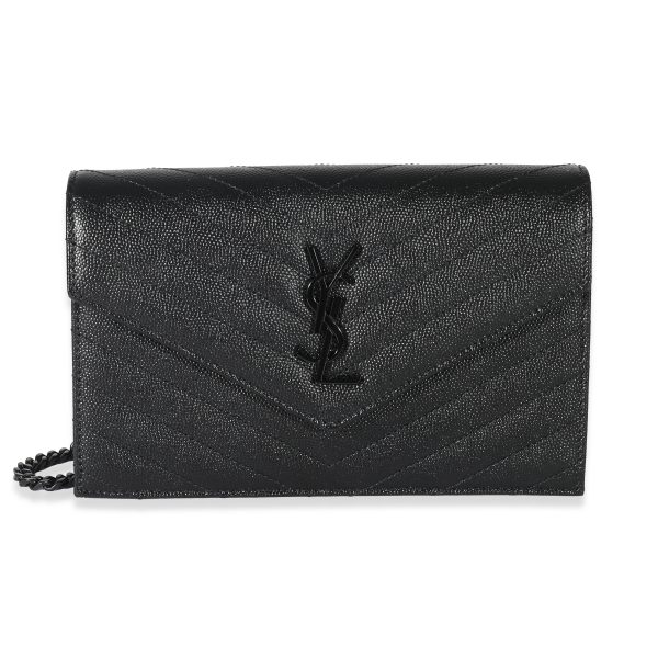 132338 fv Saint Laurent Black Matelassé Grain De Poudre Cassandre Envelope Chain Wallet