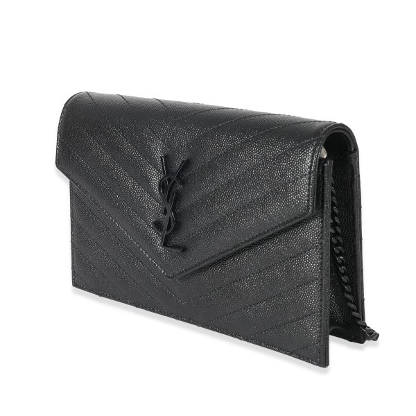 132338 sv Saint Laurent Black Matelassé Grain De Poudre Cassandre Envelope Chain Wallet