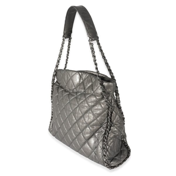 132357 av Chanel Metallic Silver Calfskin Quilted Small Chain Me Hobo