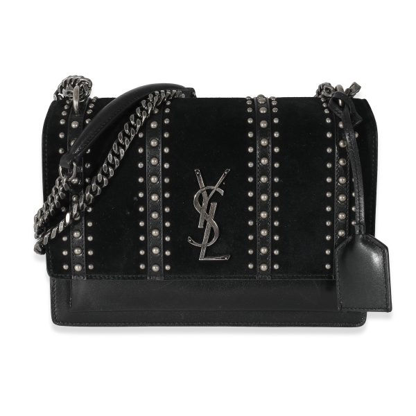 132527 fv a5d7140d faac 4156 ac97 dfba9eaf20b3 Saint Laurent Black Leather Suede Studded Sunset Bag