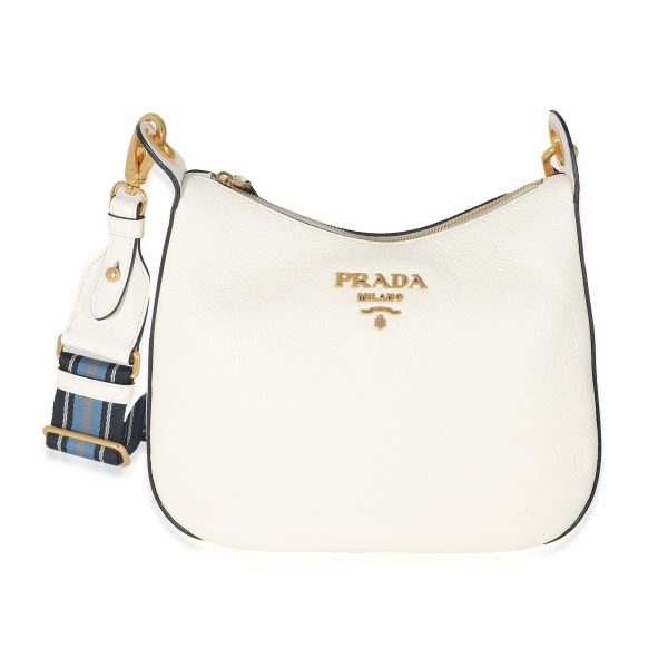 132615 fv Prada White Vitello Daino Web Crossbody