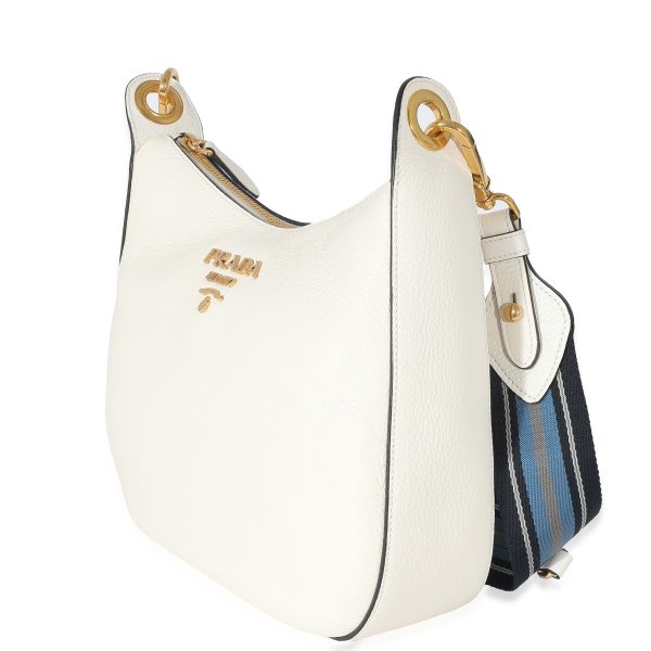 132615 sv Prada White Vitello Daino Web Crossbody