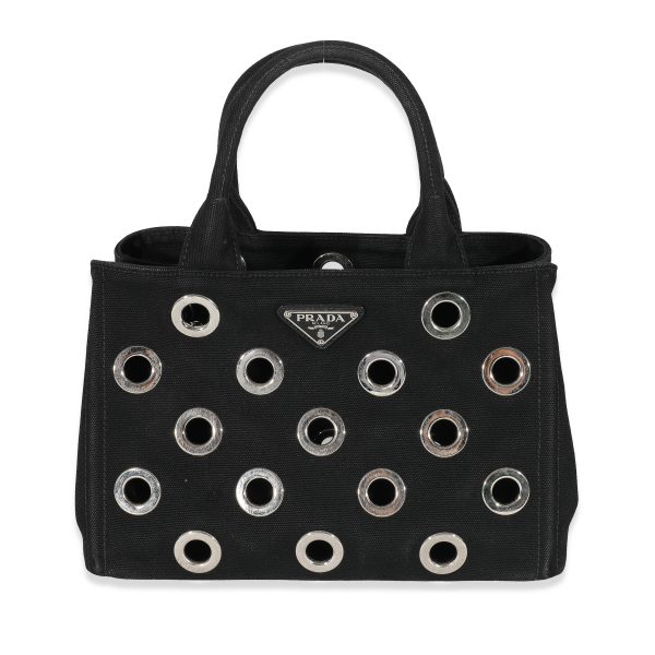 132650 fv Prada Black Canvas Small Grommet Canapa Tote