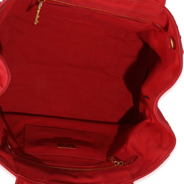 132654 av Prada Red Canvas Studded Medium Canapa Tote