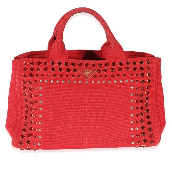 132654 fv Prada Red Canvas Studded Medium Canapa Tote