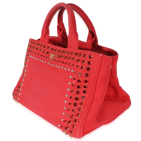 132654 sv Prada Red Canvas Studded Medium Canapa Tote