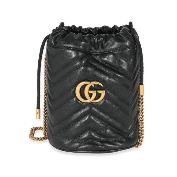 132681 fv 215bb287 2b8c 416a a509 78e346f23930 Gucci Black Matelassé Leather GG Marmont Mini Bucket Bag