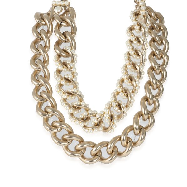 132695 fv Gold Tone Chanel 2013 Double Curb Chain Choker With Faux Pearls