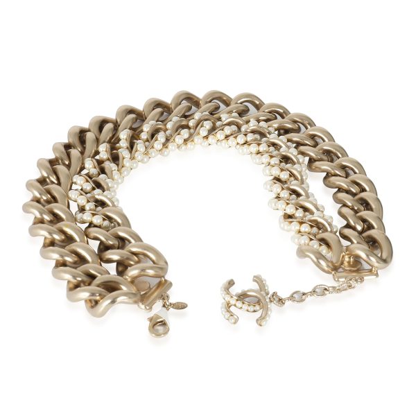 132695 pv Gold Tone Chanel 2013 Double Curb Chain Choker With Faux Pearls