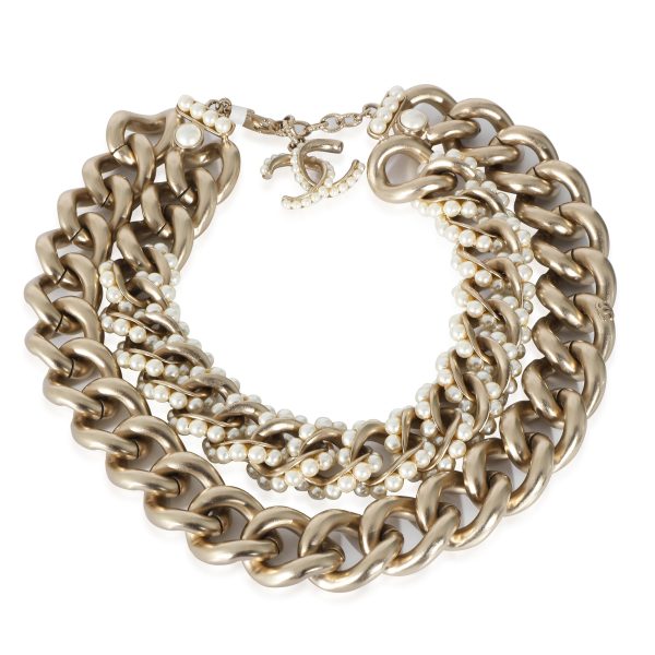 132695 sv Gold Tone Chanel 2013 Double Curb Chain Choker With Faux Pearls