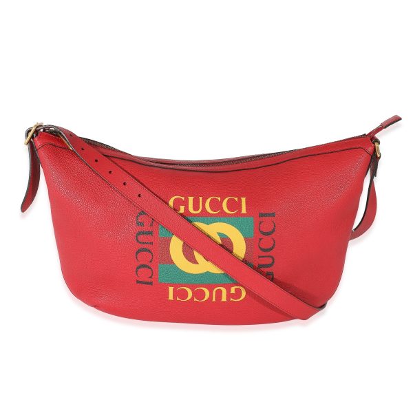 132733 fv 26fe5daa e0dd 412b 957e 3ada9686131b Gucci Red Grained Calfskin Logo Half Moon Hobo