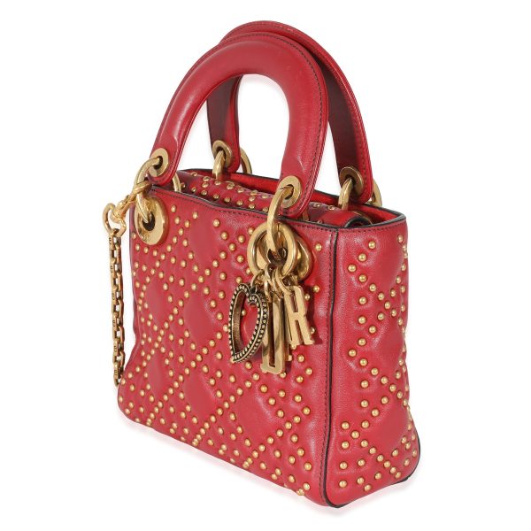 132736 sv Christian Dior Red Cannage Studded Supple Leather Mini Lady Dior