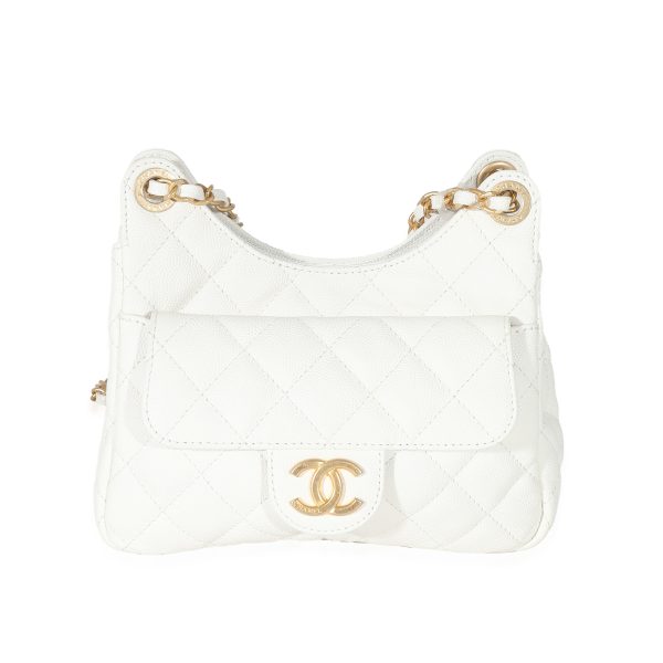 132740 fv Chanel White Quilted Caviar Small Wavy CC Hobo