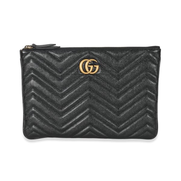 132796 fv Gucci Black Calfskin Matelassé GG Marmont Zip Pouch