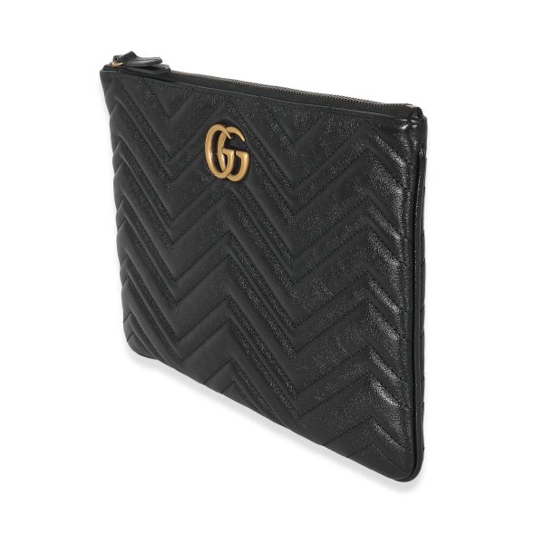 132796 sv Gucci Black Calfskin Matelassé GG Marmont Zip Pouch