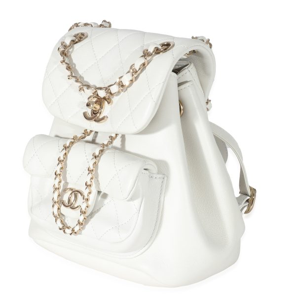 132834 sv Chanel White Shiny Aged Quilted Lambskin Small Duma Drawstring Backpack