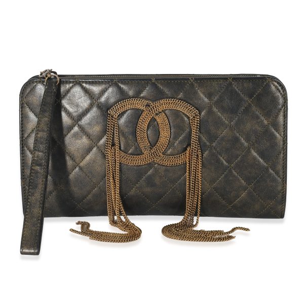 132934 fv Chanel Bronze Metallic Quilted Calfskin Chain CC Wristlet Clutch