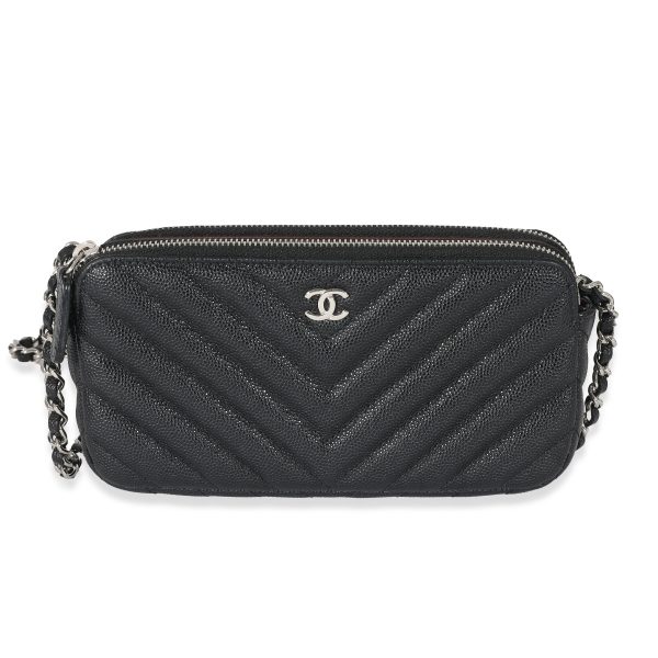 133052 fv 63048f30 79cd 4a31 b5c8 805eb2cfcc9a Chanel 17S Black Caviar Chevron Double Zip Chain Clutch