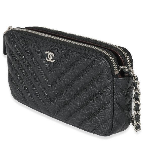 133052 sv c3cf91b8 7d5c 4e74 9385 a97a4d2f9563 Chanel 17S Black Caviar Chevron Double Zip Chain Clutch