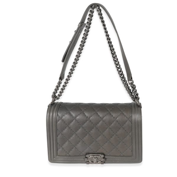 133053 av Chanel Grey Calfskin Whipstitch New Medium Boy Bag