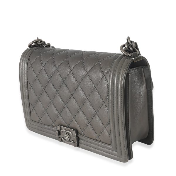 133053 pv Chanel Grey Calfskin Whipstitch New Medium Boy Bag