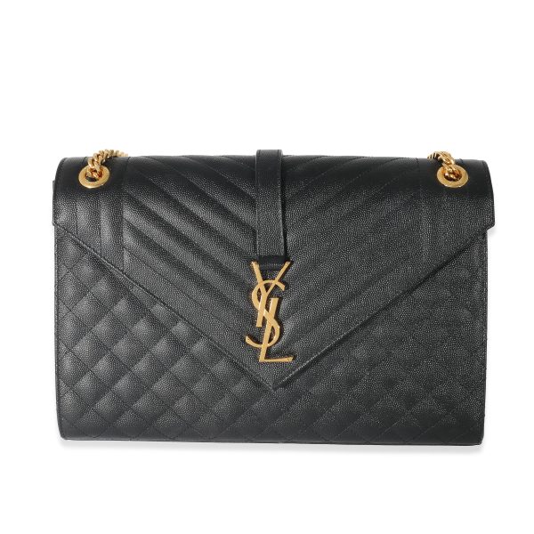 133264 fv Saint Laurent Black Grain De Poudre Mix Matelassé Large Envelope Flap Bag