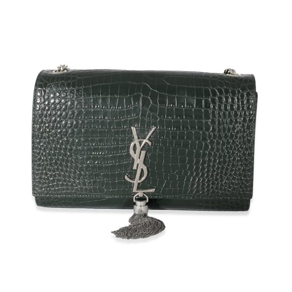 133271 fv 76eb515f 7990 4afa be91 62f65804d5df Saint Laurent Green Croc Embossed Medium Kate Tassel Bag