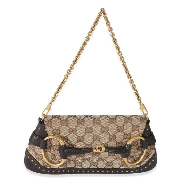 133425 fv Gucci Beige Ebony GG Canvas Horsebit Chain Clutch Bag