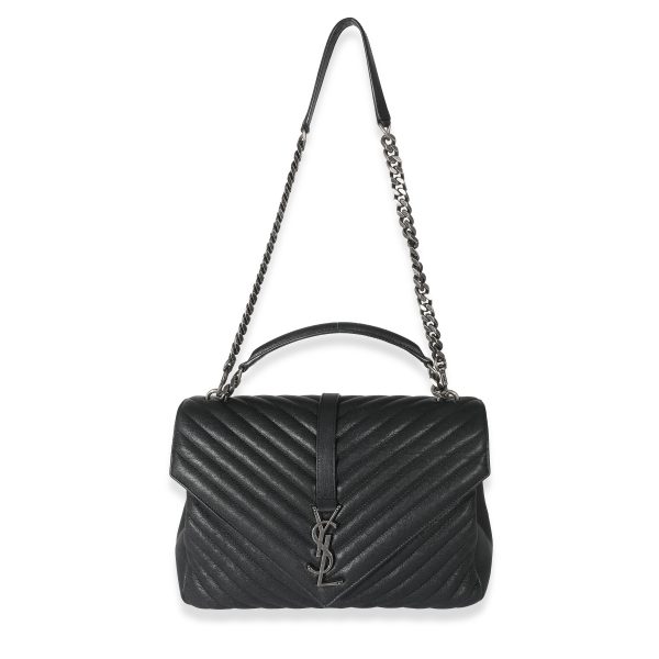 133609 bv Saint Laurent Black Chevron Quilted Leather Monogram Large College Bag